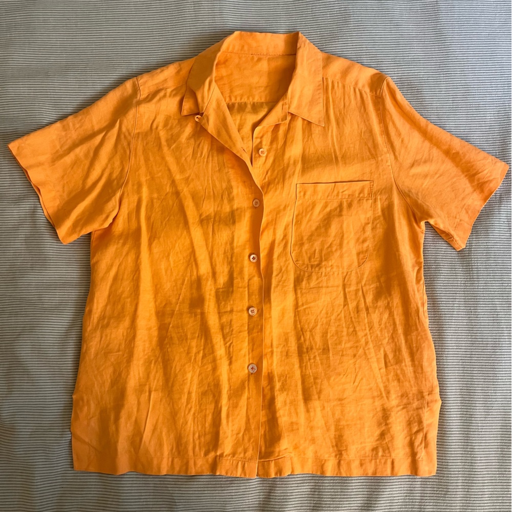 100% Linen Orange Button up Short-sleeve Shirt